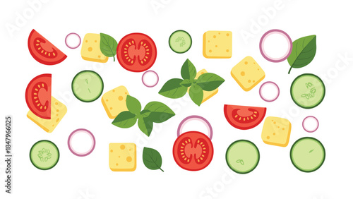 Fresh ingredients for a caprese salad are artfully arranged, showcasing vibrant tomatoes, creamy cheese, crisp cucumbers, and fragrant basil leaves.