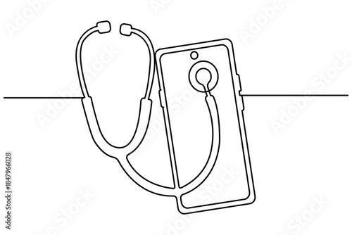 Stethoscope and smartphone one line art with telemedicine and digital health concept 