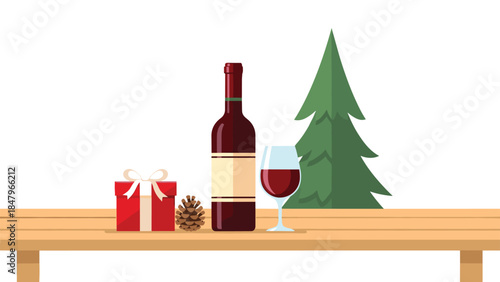 Festive holiday arrangement with a bottle of red wine, a gift, a pinecone, and a christmas tree on a wooden table.