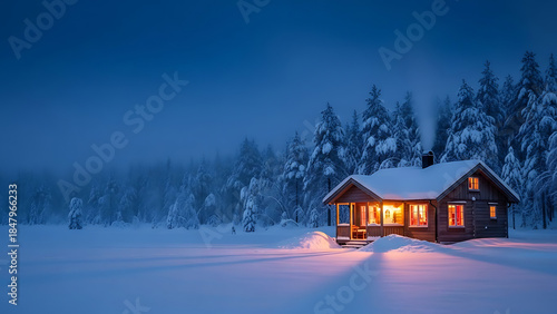 A cozy wooden cabin glowing warmly in a serene, snow-covered winter wonderland at twilight