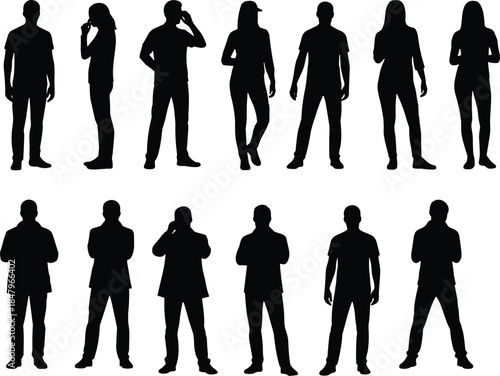 Collection of Twelve Diverse Standing People Silhouettes Including Men and Women in Various Poses, Representing Adults, Group, Business, Communication, Identity, and Everyday Social Interaction.