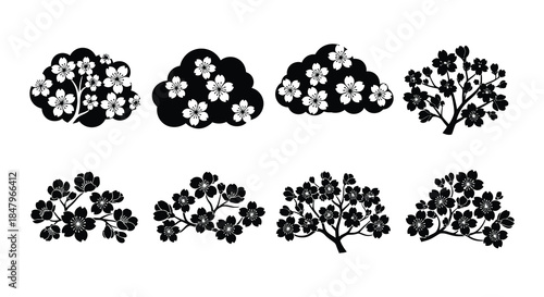 Black and white floral bush silhouettes in various arrangements and sizes