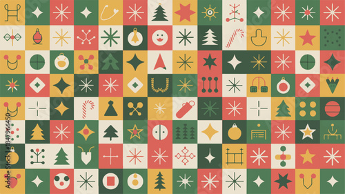 A festive and playful arrangement of Christmas icons in a retro-inspired geometric pattern, perfect for holiday designs