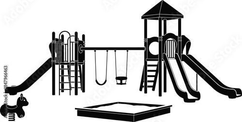 Playground equipment silhouette with slides, swings, sandbox and climbing structures, kids outdoor play area, park recreation, childhood activity vector illustration