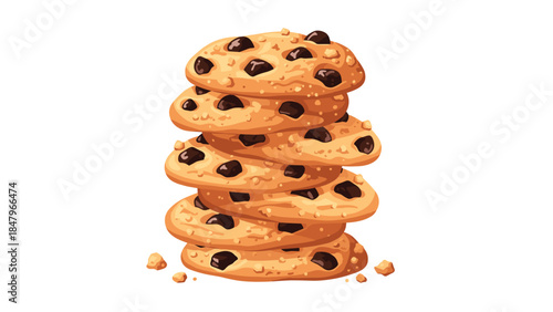 A delicious stack of golden brown chocolate chip cookies sits invitingly, perfect for a sweet treat or comforting snack.