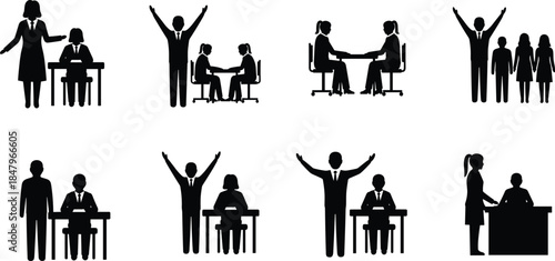 Business communication silhouettes set showing meetings, teamwork, presentations and success gestures, corporate interaction, leadership, office collaboration scenes vector illustration