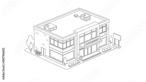 Isometric illustration of a simple commercial building with a supermarket storefront and rooftop units