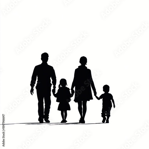 Family Silhouette in Harmony: The tender silhouette of a family, holding hands, walks into the future together, exuding love, togetherness, and familial bonds.