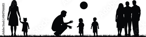 Happy family silhouettes in park scene, parents and children playing together, outdoor bonding, childhood joy, love and togetherness vector illustration
