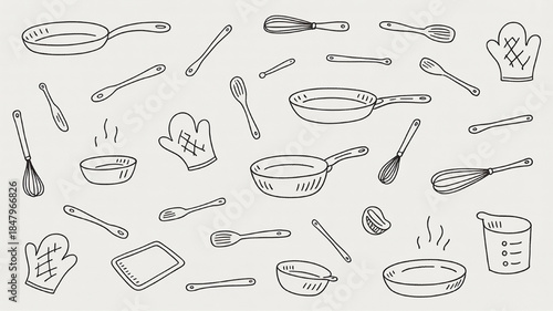 Hand-drawn kitchen utensil collection doodle style cooking tools and bakeware elements for culinary design isolated on textured background
