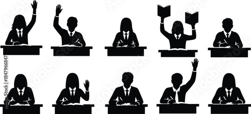 Business meeting silhouettes of office workers at desks, raising hands, reading documents, corporate training, seminar, conference, professional teamwork vector illustration