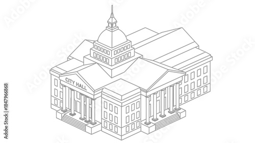 Architectural drawing of a classic city hall building with a prominent dome and columns