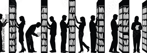 Silhouettes of people reading books in library aisles, standing, browsing shelves, education concept, knowledge search, students and readers vector illustration