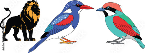 Cartoon Wildlife Illustration Set Featuring Majestic Lion and Colorful Exotic Birds Characters for Nature Education, Mascot Design, Kids Content, and Creative Projects