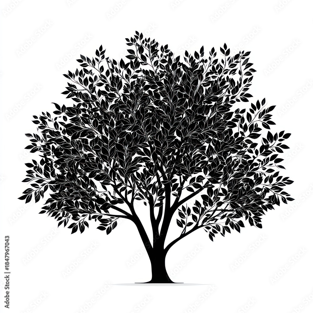 Obraz premium Silhouette Tree of Life: A dramatic black and white silhouette of a lush, leafy tree against the light. Evoking feelings of strength, resilience, and the interconnectedness of nature.