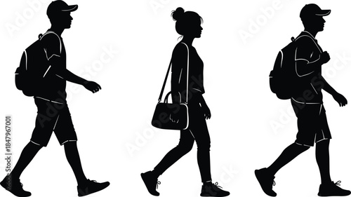 walking people silhouette vector illustration set, travelers with backpacks and bags, urban lifestyle and commuting figures isolated on white background design