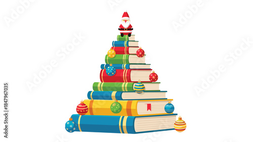 Festive book stack shaped like a christmas tree with santa on top creates a joyful holiday reading theme.