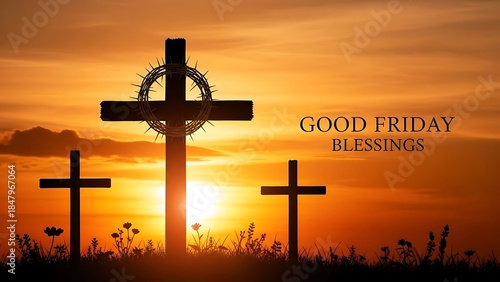 Religious Scene Featuring Three Silhouetted Crosses at Sunset with the Text Good Friday Blessings Providing a Peaceful and Spiritual Visual for Reflection