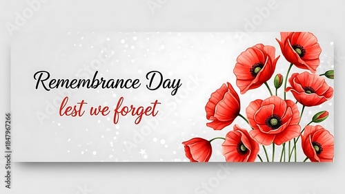 Remembrance Day banner with poppy flowers and the words Lest We Forget for honoring veterans and those who lost their lives in wars serving their countries