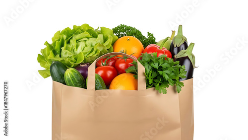 Fresh produce and vegetables in a brown paper grocery bag