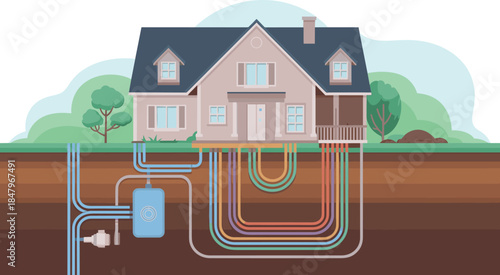 Underground Utility Network Vector Illustration Beneath Modern House