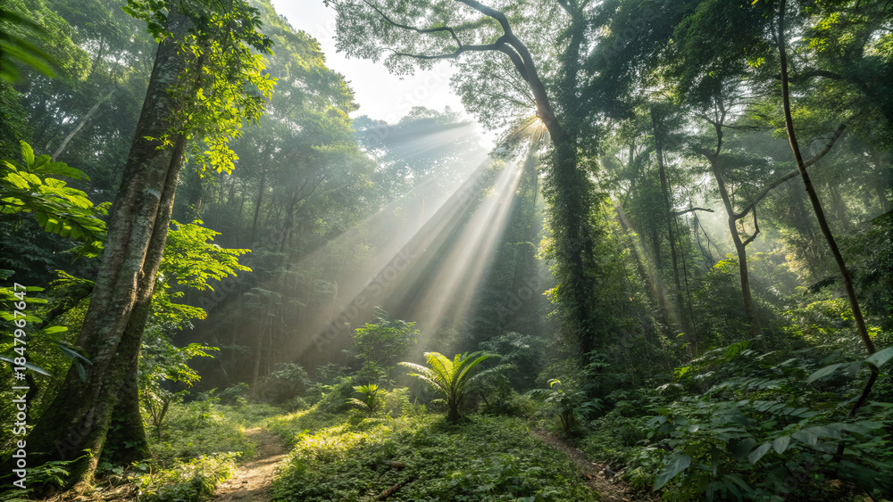 Fototapeta premium Sunlight streams through trees in a dense forest during morning hours revealing lush greenery and natural beauty