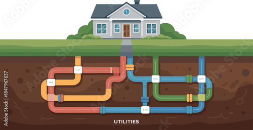 Underground utility pipes and house connection system vector illustration