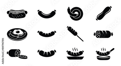 Black silhouette icons depicting various types of sausages and hot dogs