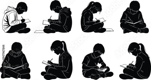 Children reading and writing silhouettes set, focused study poses collection, kids learning activities, education concept scenes, black vector illustration icons
