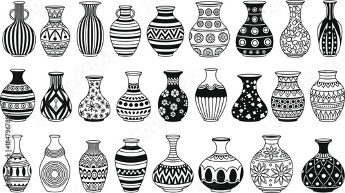 Decorative ceramic vase silhouettes set, ethnic pottery collection with ornamental patterns, handmade craft vessels, traditional art design, black vector illustration icons
