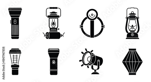 Collection of various black and white lantern and flashlight icons displayed