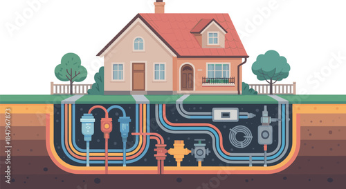 Underground Utility System Vector Illustration Beneath Residential House
