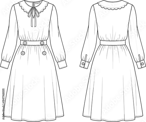 Womens long sleeve midi dress technical flat sketch, front and back view, belt waist design, fashion cad drawing vector illustration