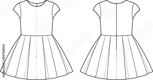 Womens short sleeve fit and flare dress technical flat sketch, front and back view, fashion cad drawing vector illustration design