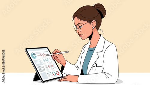 Medical professional analyzing data on a tablet with a stylus in a warm, inviting setting.