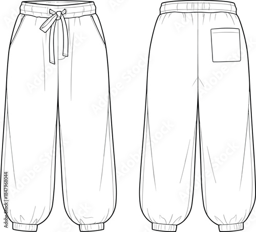 Womens jogger pants technical flat sketch, front and back view, elastic waist drawstring design, fashion cad drawing vector illustration