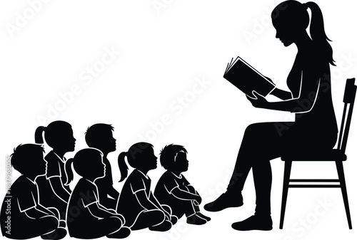 Teacher reading book to children silhouettes, classroom storytelling scene, early education learning concept, kids listening activity, black vector illustration design
