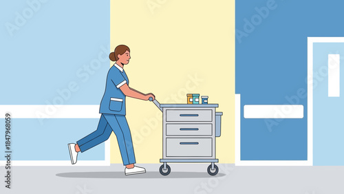 A nurse pushing a medical cart with medications down a hospital corridor