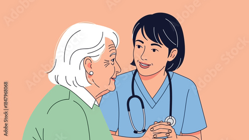 Nurse lovingly conversing with an elderly patient, conveying care and support in a medical setting.