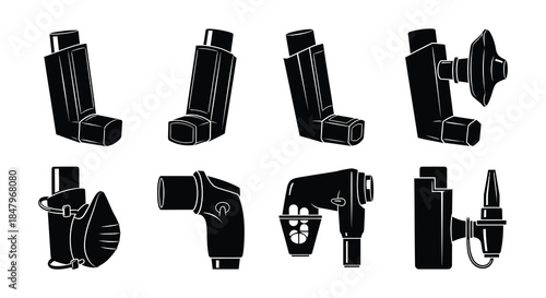 Collection of diverse inhaler designs and medical respiratory equipment illustrations