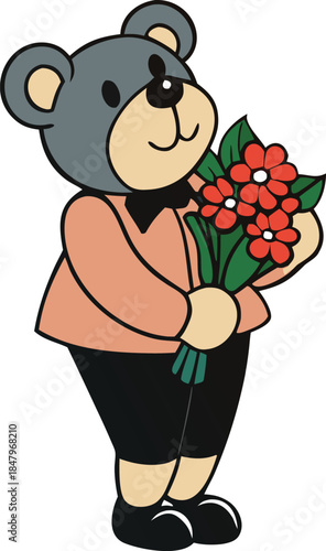 Shy Vintage Bear Character Hiding Flower Bouquet Behind Back Vector Illustration