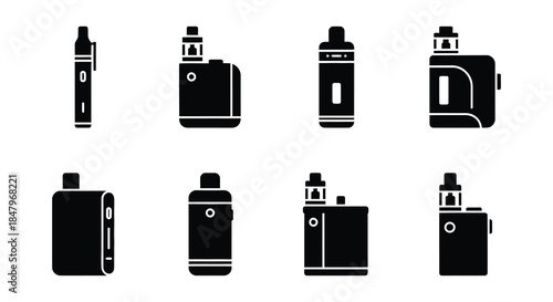 Collection of various electronic cigarette and vaping device silhouettes in black