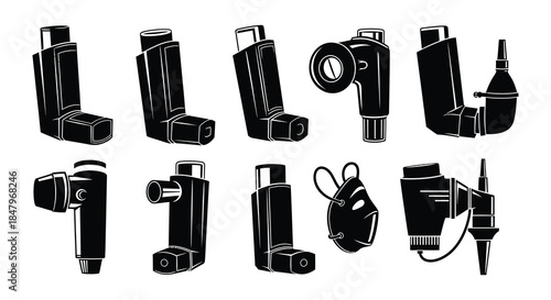 Collection of diverse inhaler designs and medical respiratory equipment illustrations