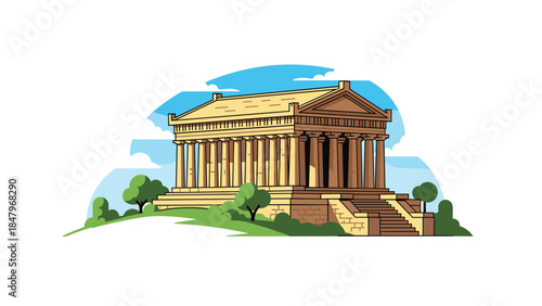 Classical Greek temple with Doric columns stands prominently on a green hill against a bright blue sky.