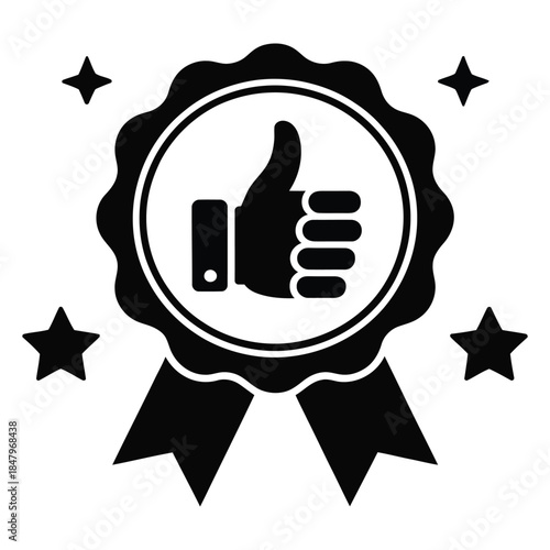 thumbs up approval badge icon with ribbon and stars solid black illustration symbolizing quality rating success trust and recommendation