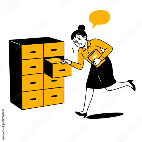 Busy office worker rushing to file documents quickly