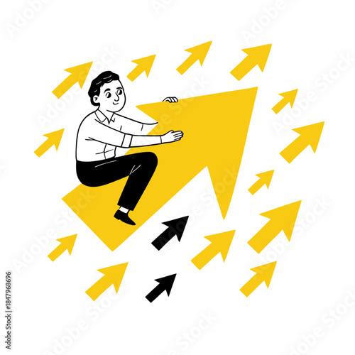 Businessman riding upward trend arrow with dynamic growth momentum