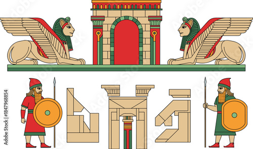 Ancient Assyrian Architecture and Mythology Illustration Featuring Winged Lions, Temple Gate and Warriors in Historical Mesopotamian Art Style Isolated on White Background