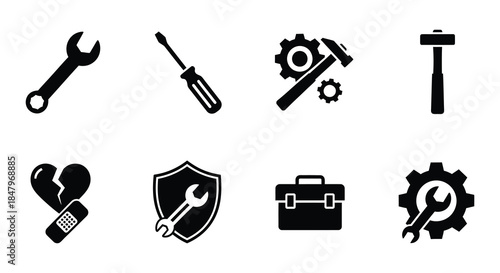 Various black silhouette icons representing tools for repair and construction