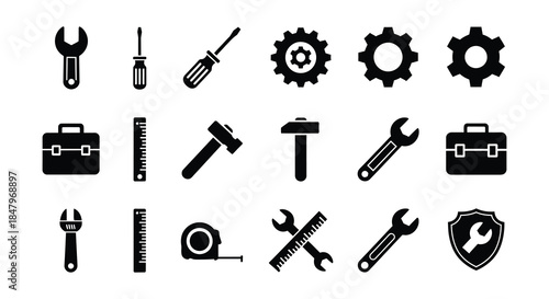 Various black silhouette icons representing tools for repair and construction